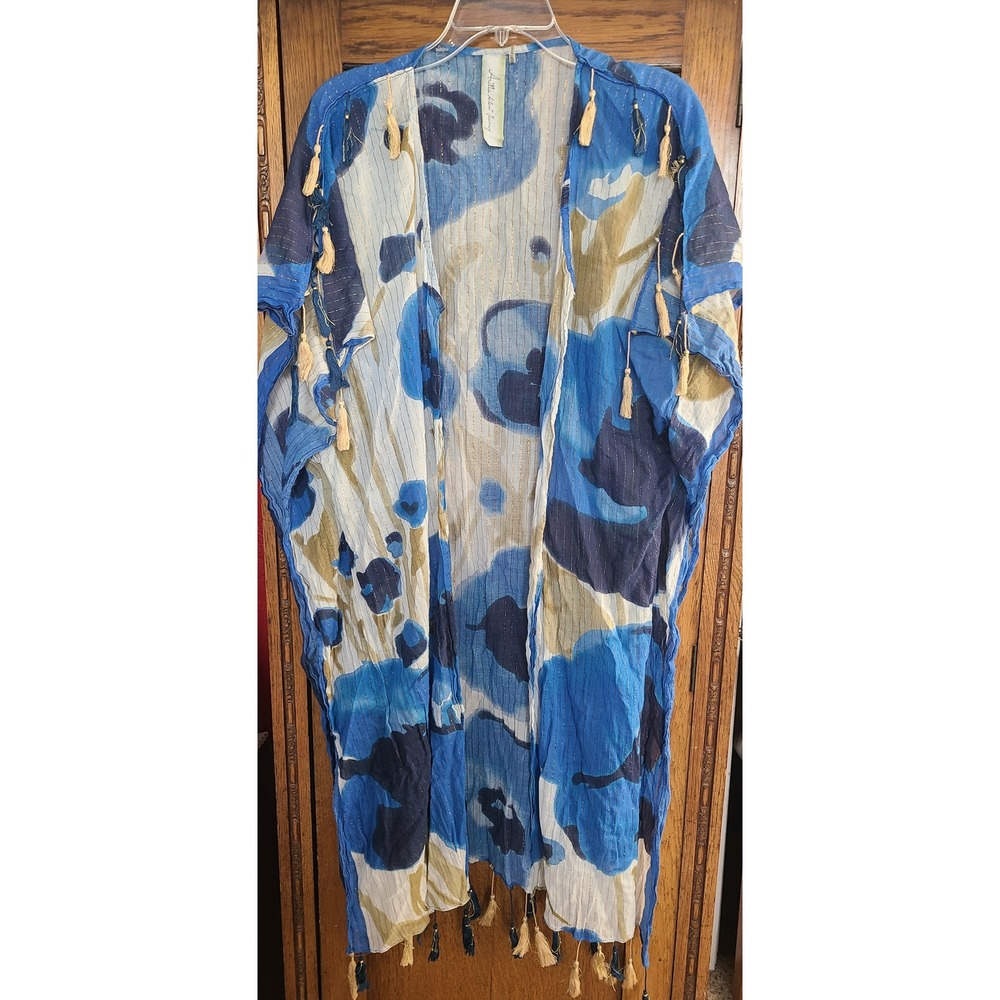 Aratta Silent Journey Blue Floral Tassel Kimono Wrap Gold Lurex One Size